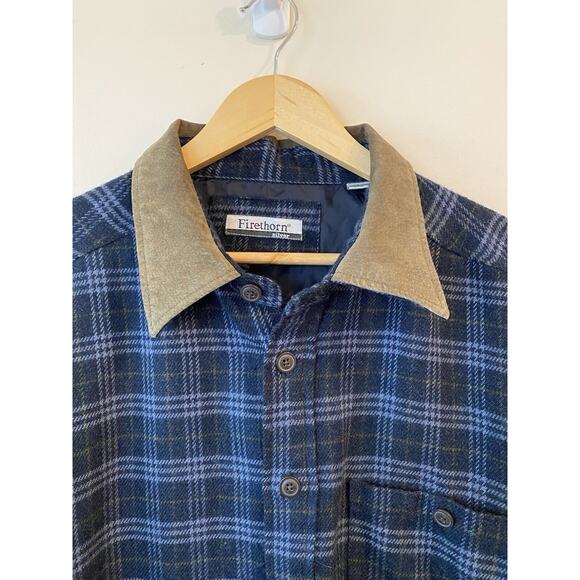 Firethorn VINTAGE Silver Shirt Mens XL Blue Plaid Leather Elbow Patches & Collar - Picture 3 of 11